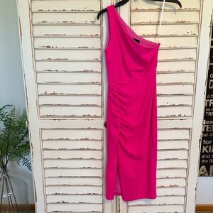 Elegant One-Shoulder Hot Pink Midi Dress